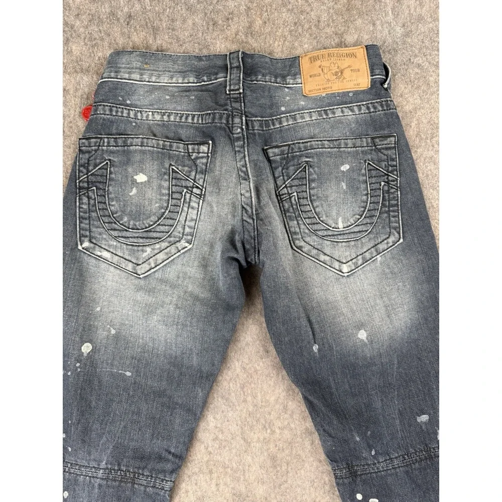 True Religion MENS 29x32 Slim Moto Run Jeans Blue Stitched Paint Splatter Y2K